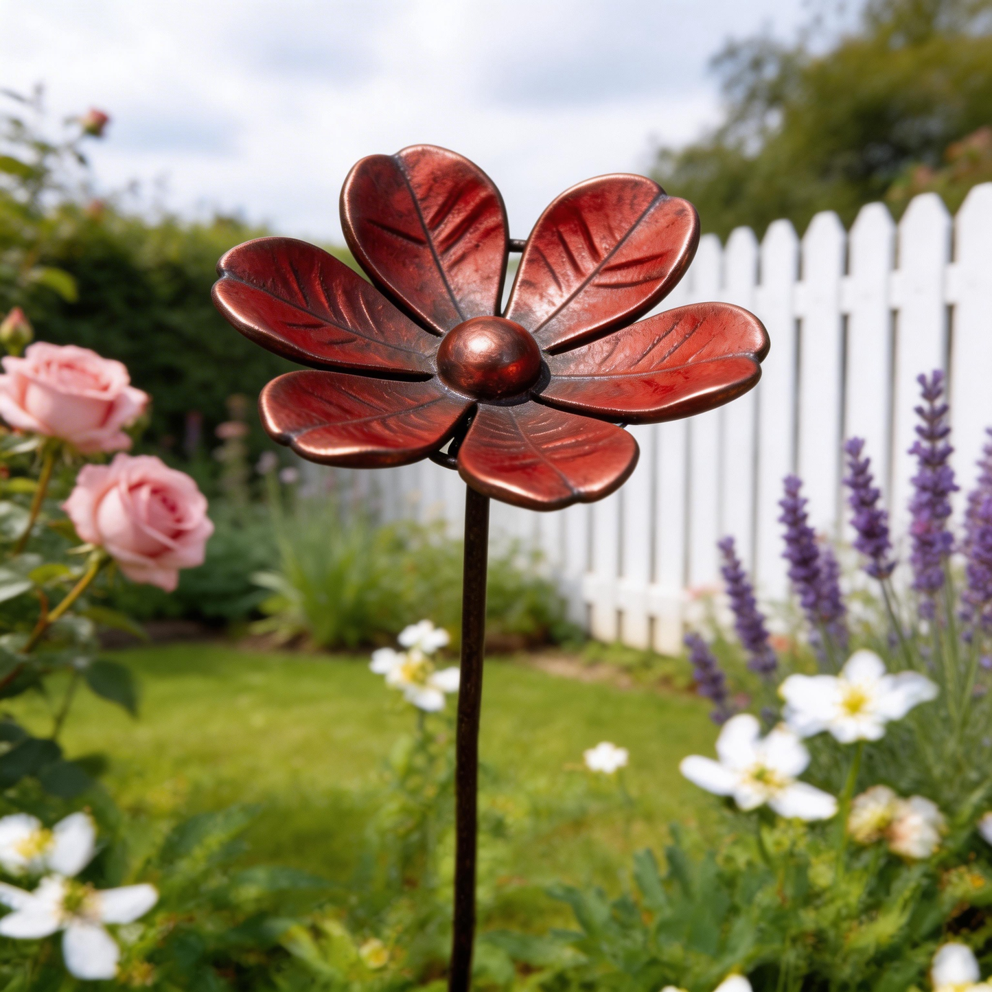🌸Garden Decor Metal Flower Stake – Outdoor & Indoor Lawn, Balcony, Flower Bed – Perfect Gift for Garden Lovers – Handcrafted Red Flower Accent