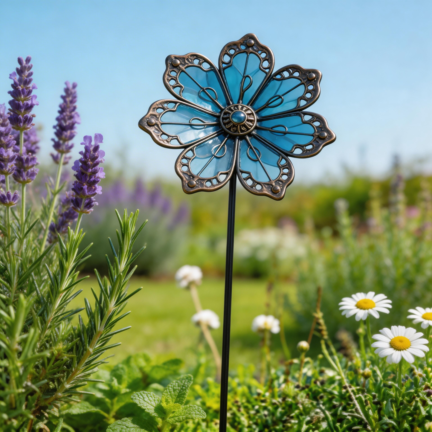 【Multi-Functional Garden Blue Flower Metal Stake】Outdoor & Indoor Lawn, Balcony, Flower Bed – Perfect Gift for Garden Lovers – Handcrafted Flower Accent ✅