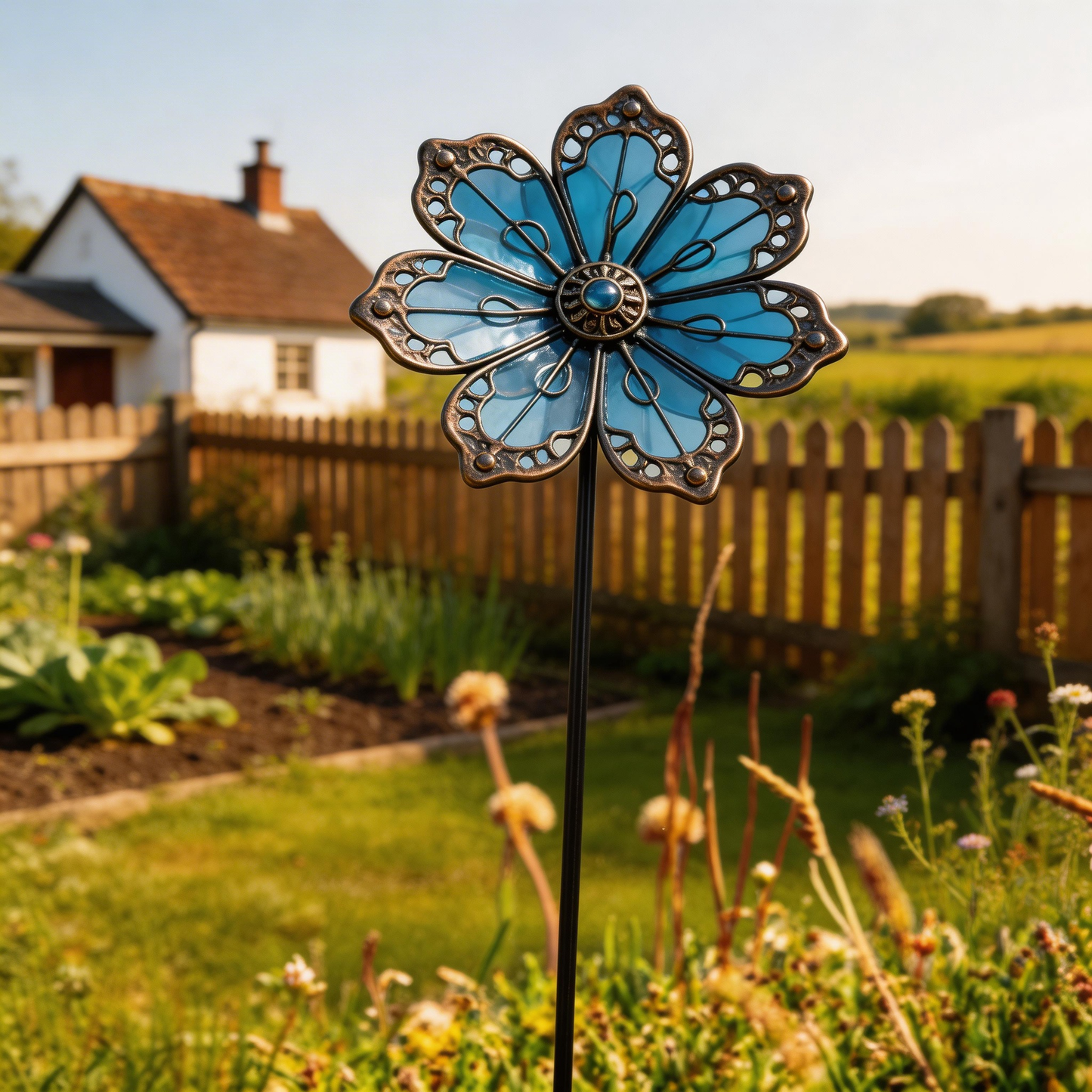 【Multi-Functional Garden Blue Flower Metal Stake】Outdoor & Indoor Lawn, Balcony, Flower Bed – Perfect Gift for Garden Lovers – Handcrafted Flower Accent ✅