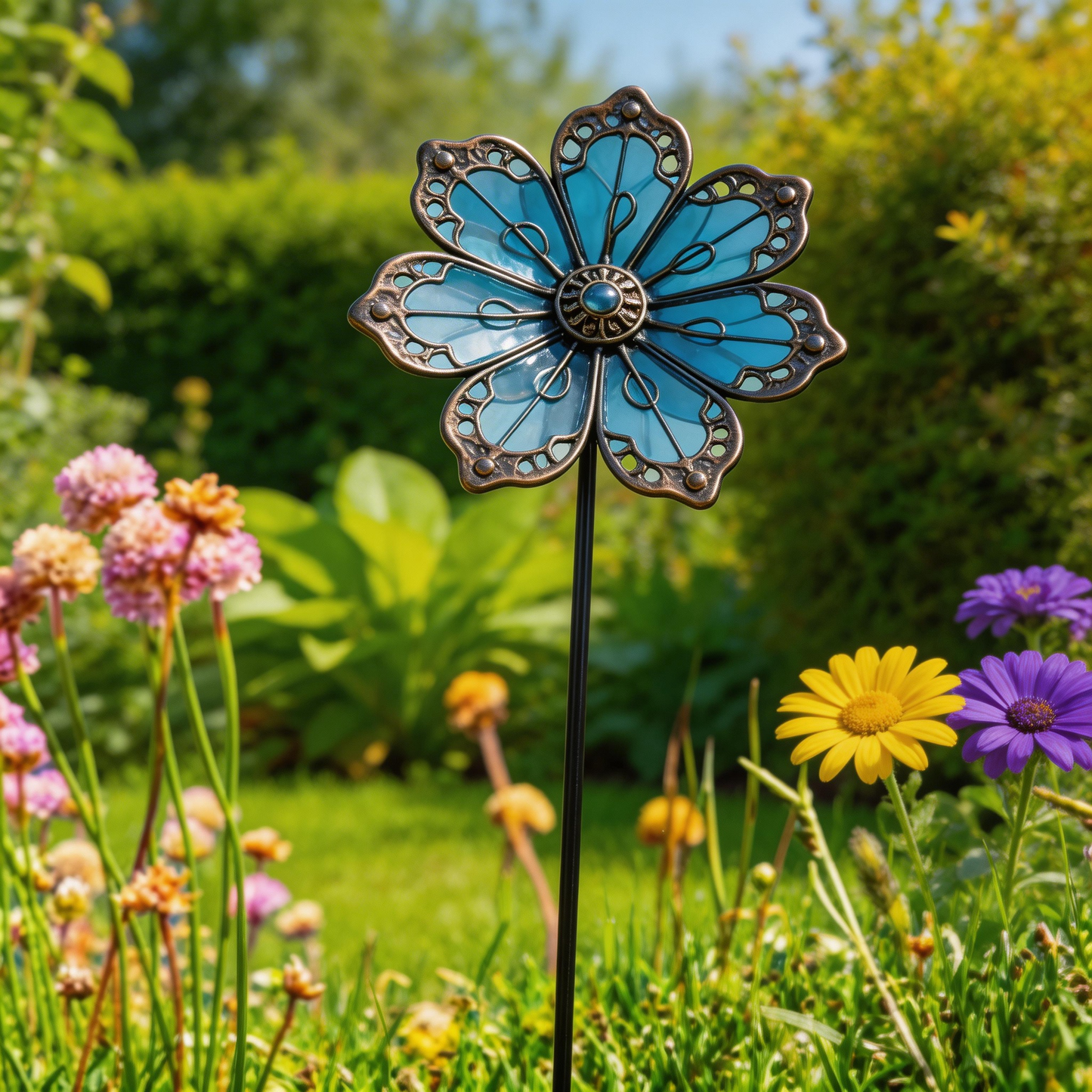 【Multi-Functional Garden Blue Flower Metal Stake】Outdoor & Indoor Lawn, Balcony, Flower Bed – Perfect Gift for Garden Lovers – Handcrafted Flower Accent ✅